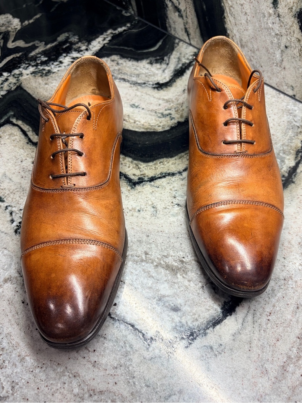 Santoni Cap Toe Oxford Shoes 10.5 US Cognac Brown Hand Burnished Made in Italy - Picture 2 of 12
